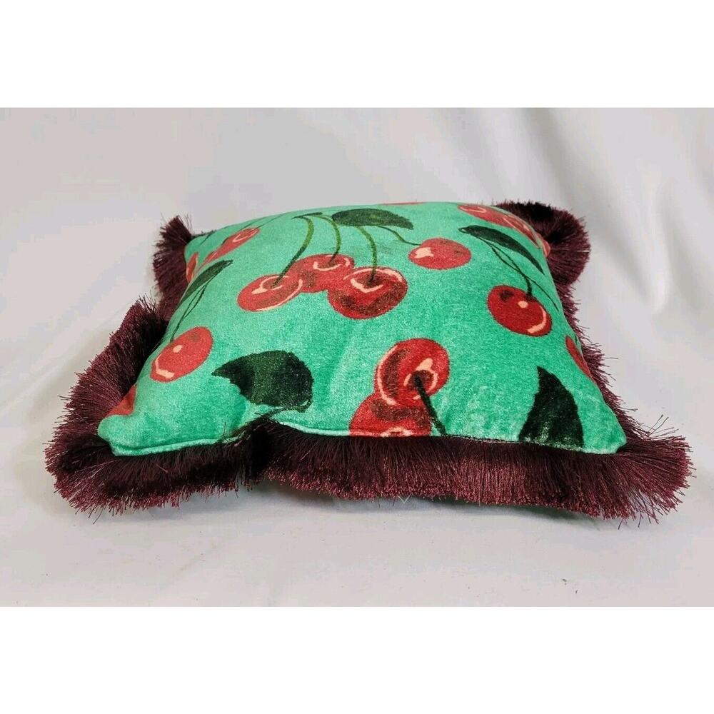 Anthropologie Maeve Le Petit Cherry Velvet Brush Fringe 10" Decorative Pillow - Picture 6 of 10